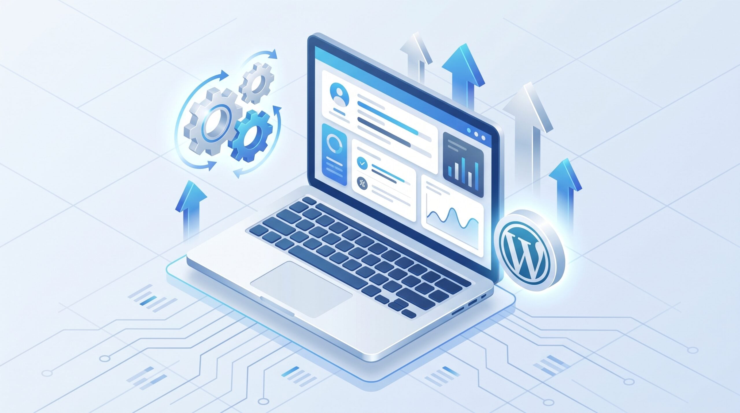 Laptop com painel de análise de dados, ícone do WordPress e engrenagens, representando a otimização e gerenciamento de sites na plataforma.