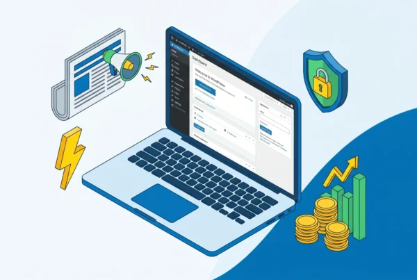 Ilustração de um laptop com o painel do WordPress na tela, cercado por ícones de segurança, desempenho, marketing e crescimento financeiro.