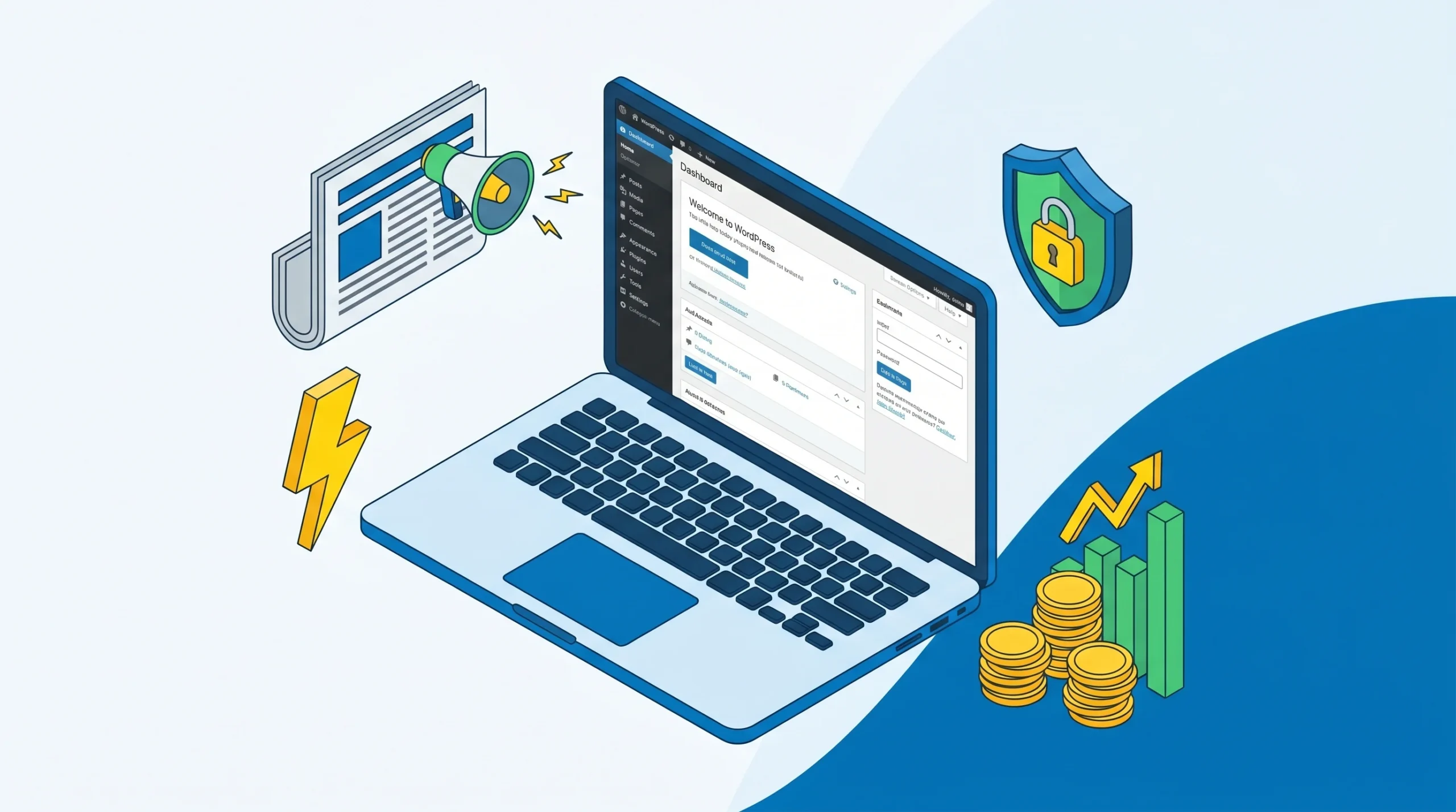 Ilustração de um laptop com o painel do WordPress na tela, cercado por ícones de segurança, desempenho, marketing e crescimento financeiro.