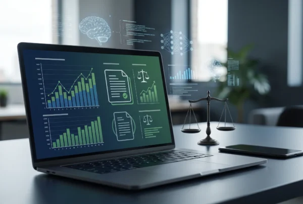 Laptop em uma mesa de escritório exibindo gráficos e ícones jurídicos. Uma balança da justiça está ao lado, e gráficos de IA flutuam sobre a tela.