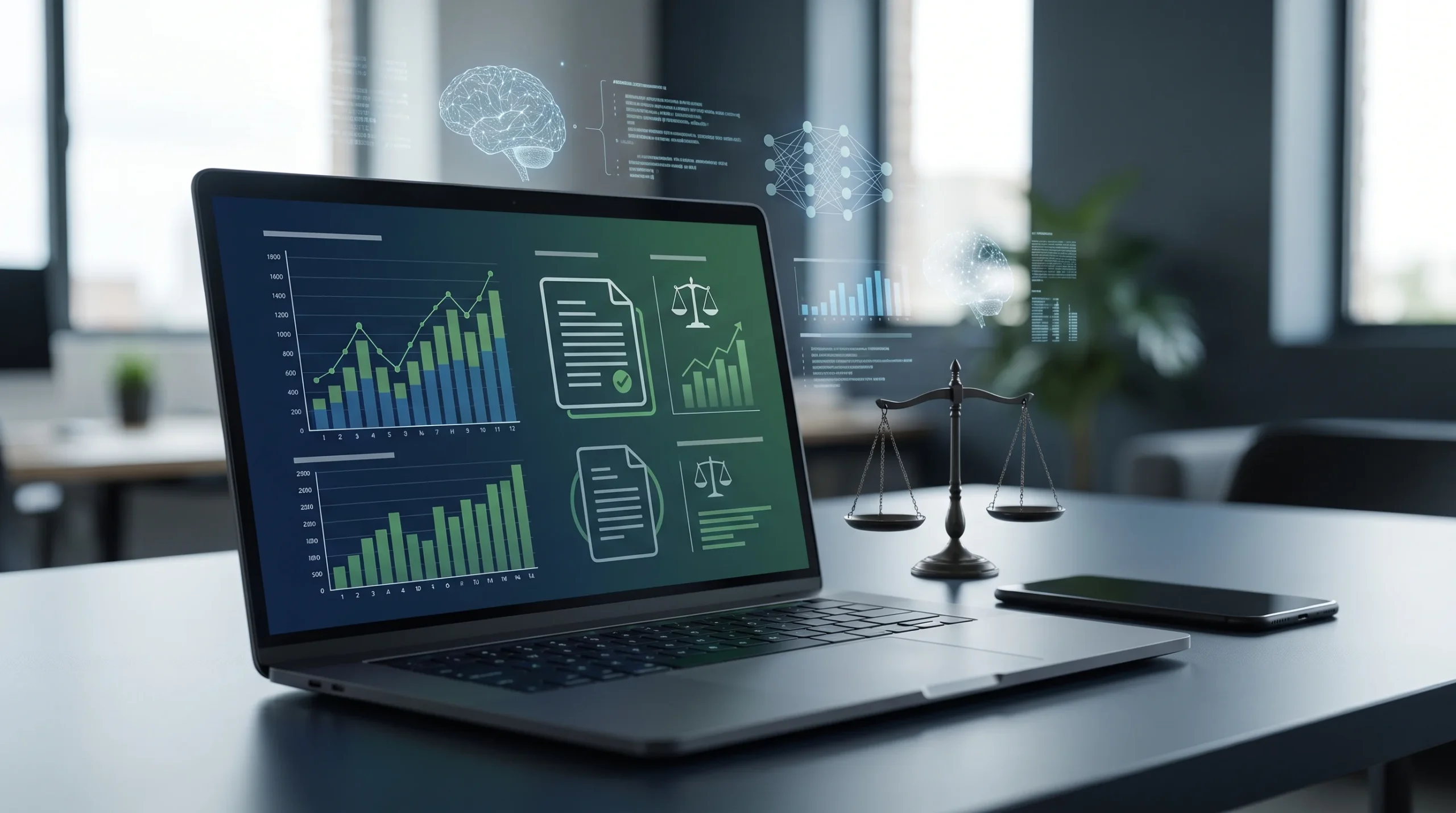 Laptop em uma mesa de escritório exibindo gráficos e ícones jurídicos. Uma balança da justiça está ao lado, e gráficos de IA flutuam sobre a tela.