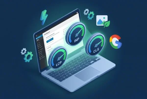 Laptop com medidores das métricas LCP, INP e CLS dos Core Web Vitals no verde, indicando boa performance e otimização para o Google.