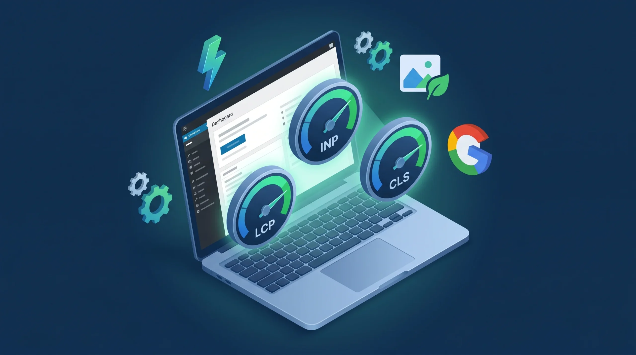 Laptop com medidores das métricas LCP, INP e CLS dos Core Web Vitals no verde, indicando boa performance e otimização para o Google.