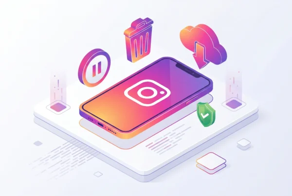 Ilustração isométrica de um smartphone com o logo do Instagram na tela, cercado por ícones de lixeira, nuvem de download, pausa e escudo de segurança.