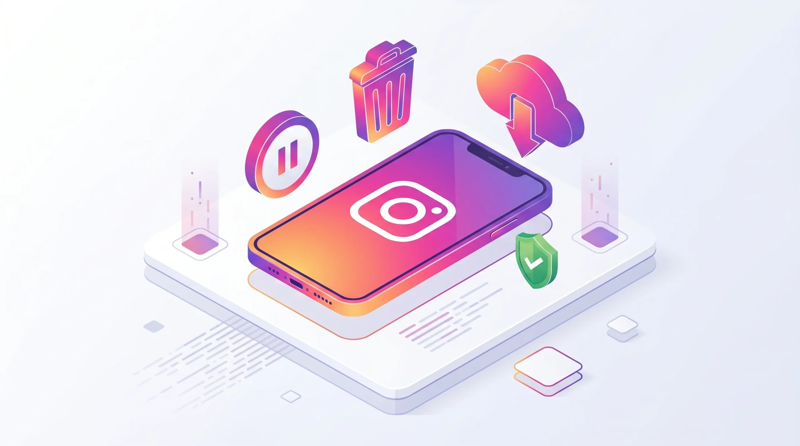 Ilustração isométrica de um smartphone com o logo do Instagram na tela, cercado por ícones de lixeira, nuvem de download, pausa e escudo de segurança.