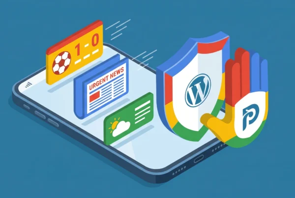 Ilustração de um smartphone exibindo notificações. Um escudo com o logo do WordPress é protegido por uma mão com as cores do Google e o logo da PushEngage.