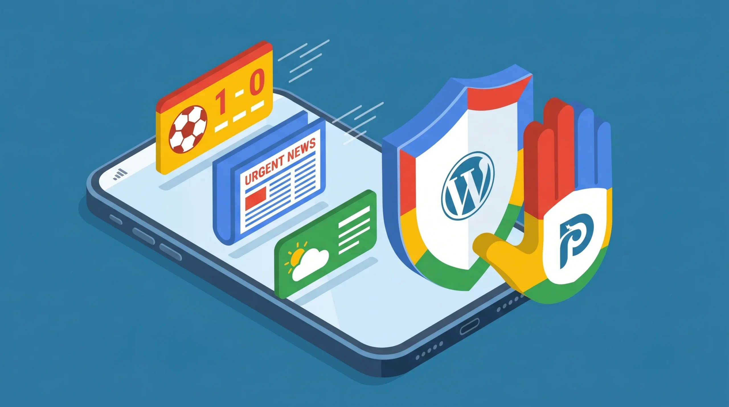 Ilustração de um smartphone exibindo notificações. Um escudo com o logo do WordPress é protegido por uma mão com as cores do Google e o logo da PushEngage.