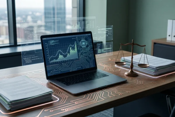 Mesa de escritório com laptop exibindo gráficos de IA, balança da justiça, documentos e sobreposições de dados holográficos com vista para a cidade.