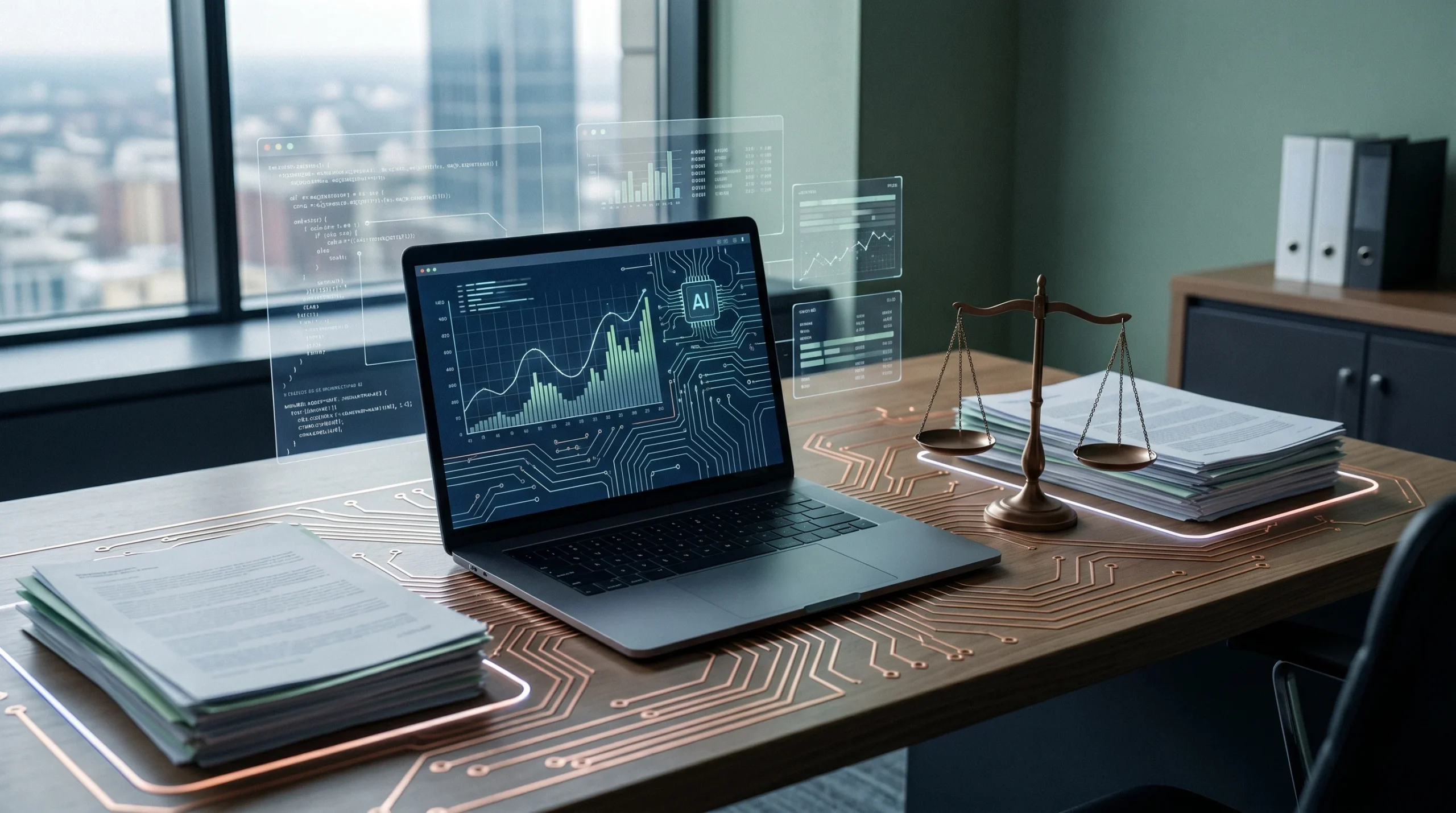 Mesa de escritório com laptop exibindo gráficos de IA, balança da justiça, documentos e sobreposições de dados holográficos com vista para a cidade.