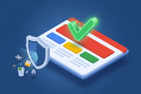Ilustração 3D de uma página da web protegida por um escudo contra insetos e lixo, com um grande sinal de visto verde.