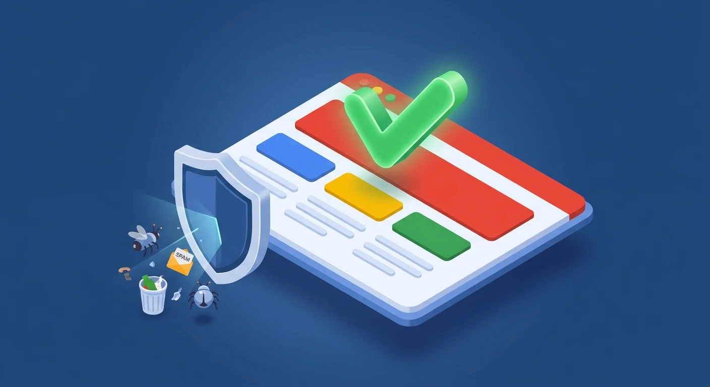 Ilustração 3D de uma página da web protegida por um escudo contra insetos e lixo, com um grande sinal de visto verde.