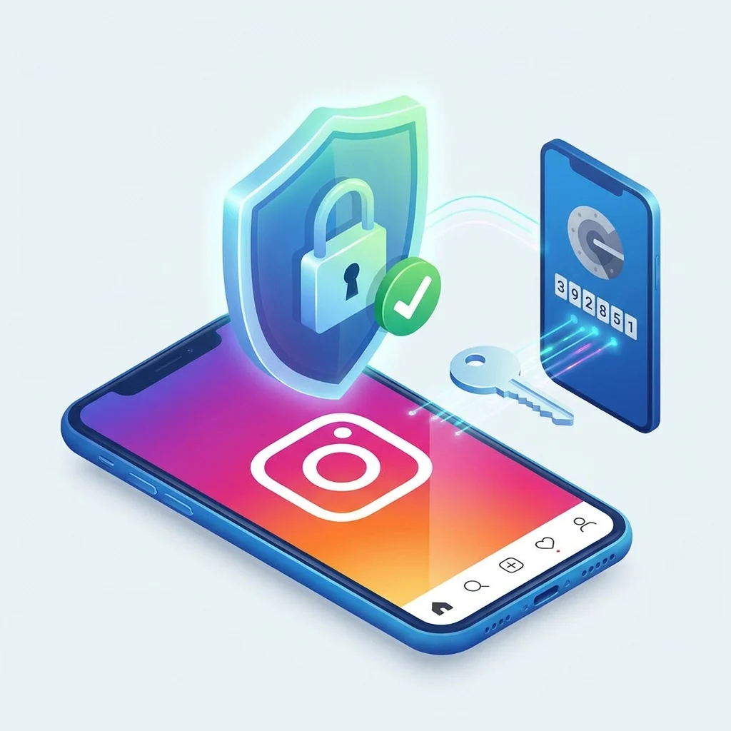 Ilustração 3D mostrando um smartphone com o logotipo do Instagram na tela, protegido por um escudo com cadeado e um símbolo de verificação verde. Ao lado…
