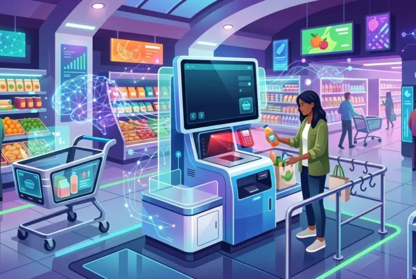 Ilustração de um supermercado moderno onde uma mulher utiliza um caixa de autoatendimento avançado. Hologramas de cérebros e conexões digitais flutuam pelo…