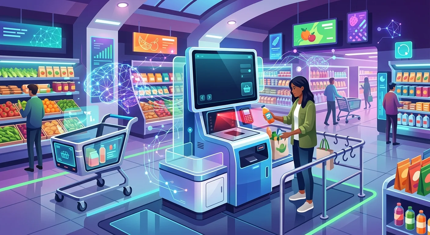 Ilustração de um supermercado moderno onde uma mulher utiliza um caixa de autoatendimento avançado. Hologramas de cérebros e conexões digitais flutuam pelo…