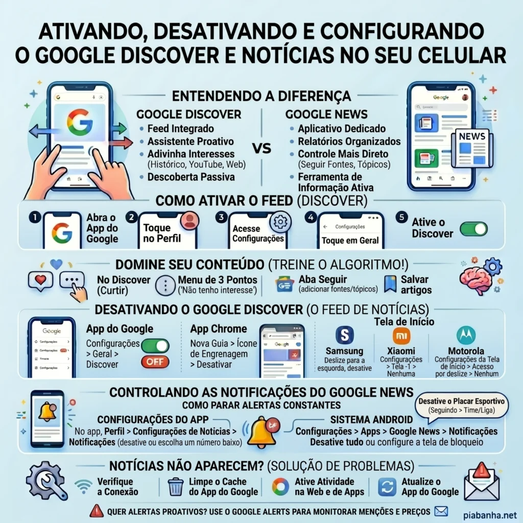 Infográfico detalhado explicando como ativar, desativar e configurar o Google Discover e o Google News no celular, com passo a passo e dicas de solução de…
