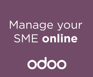 Banner Afiliados Odoo com o texto Manage your SME online e logotipo Odoo