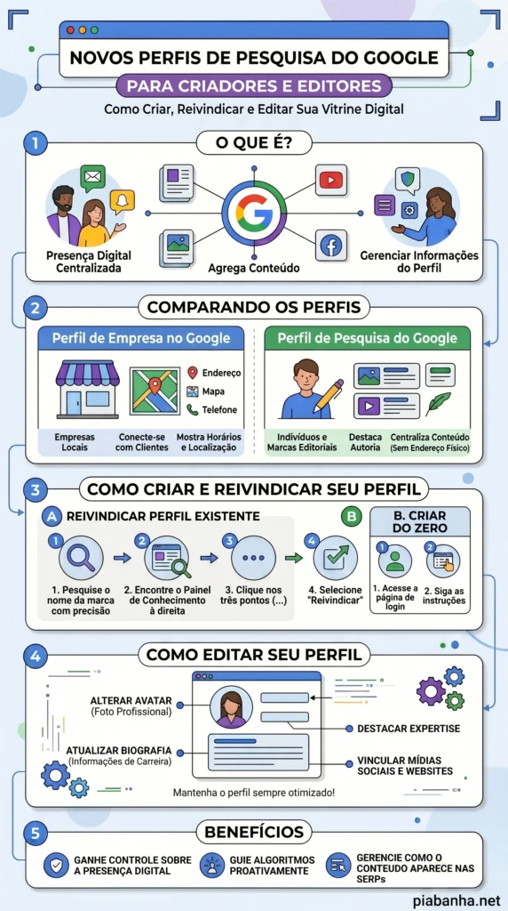 Infográfico detalhando os novos perfis de pesquisa do Google para criadores e editores, incluindo o que é, comparação com perfil de empresa, como criar…