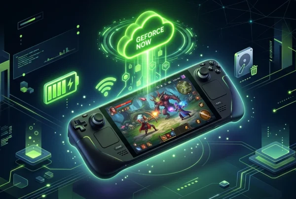 Ilustração de um console portátil rodando um jogo de RPG, conectado à nuvem do GeForce Now, com ícones de bateria, Wi-Fi e armazenamento ao redor.