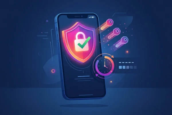 Ilustração de um smartphone exibindo um escudo com um cadeado e um sinal de visto, cercado por chaves flutuantes e um relógio, simbolizando segurança digital.