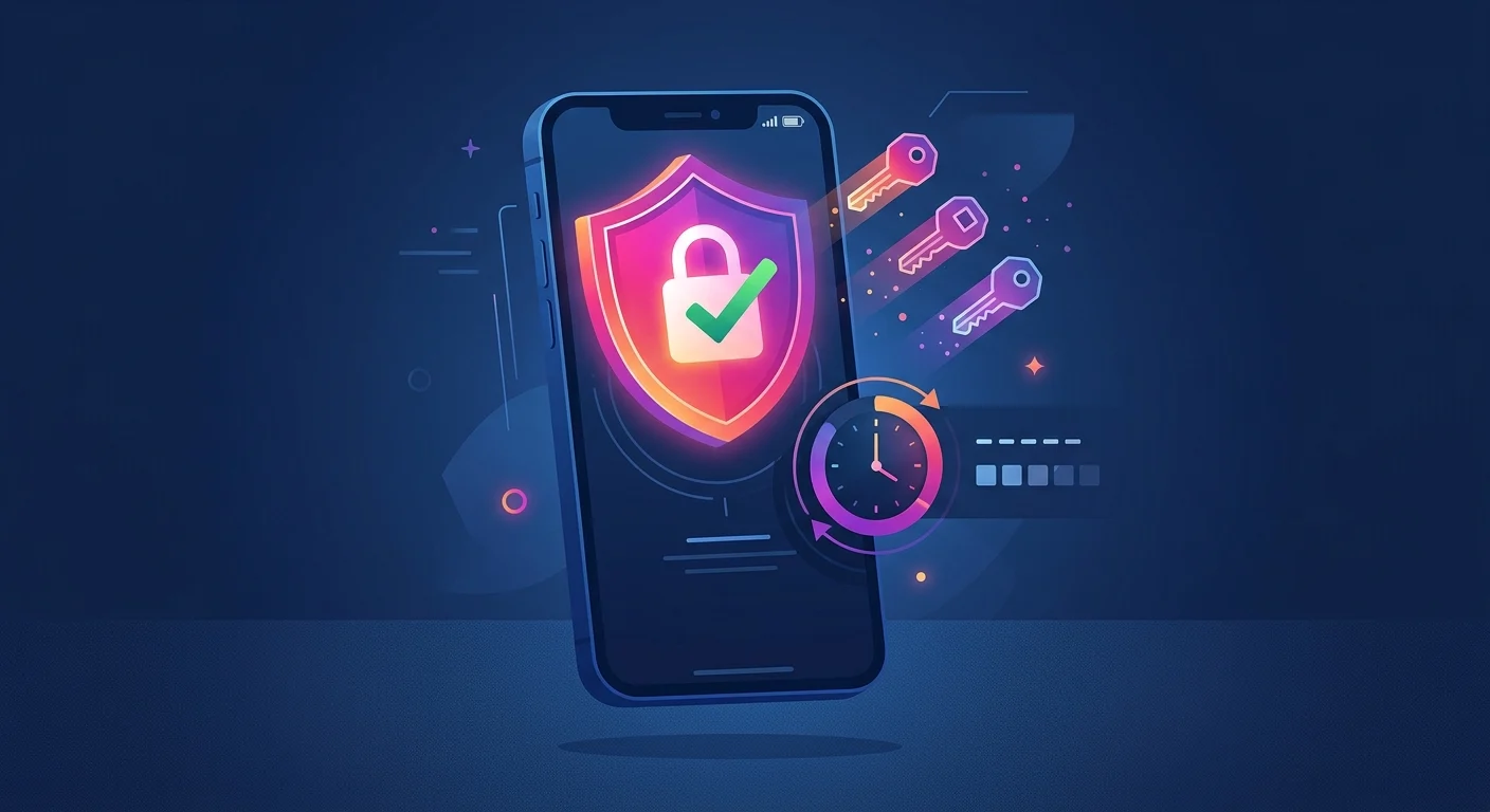 Ilustração de um smartphone exibindo um escudo com um cadeado e um sinal de visto, cercado por chaves flutuantes e um relógio, simbolizando segurança digital.