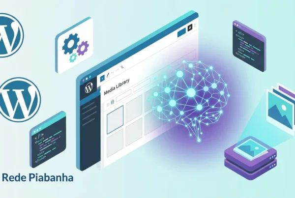 Ilustração mostrando o painel do WordPress com um cérebro digital brilhante, representando inteligência artificial, conectado à biblioteca de mídia, com ícones…