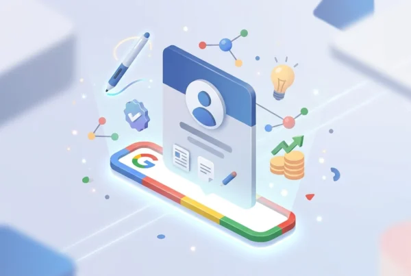 Ilustração 3D mostrando um cartão de perfil de usuário emergindo de uma barra de pesquisa do Google, cercado por ícones como caneta digital, lâmpada, moedas…