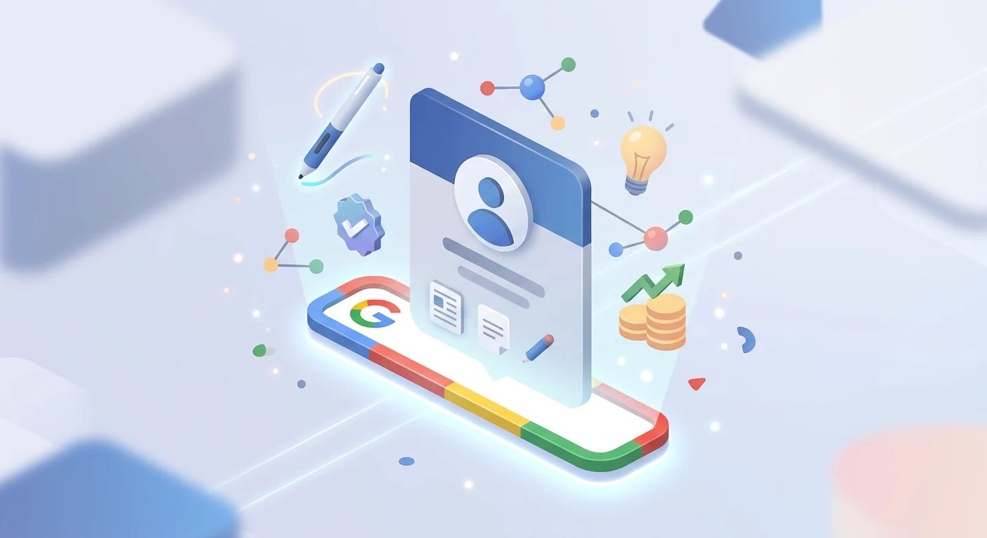 Ilustração 3D mostrando um cartão de perfil de usuário emergindo de uma barra de pesquisa do Google, cercado por ícones como caneta digital, lâmpada, moedas…