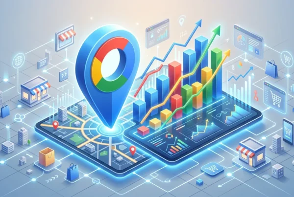 Ilustração 3D mostrando um grande pino de localização do Google Maps sobre um mapa em um smartphone, ao lado de gráficos de barras e linhas ascendentes…