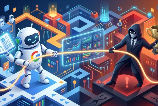 Ilustração de um robô com o logo do Google segurando um livro e puxando uma corda brilhante contra um hacker de terno e capuz segurando um troféu quebrado, em…