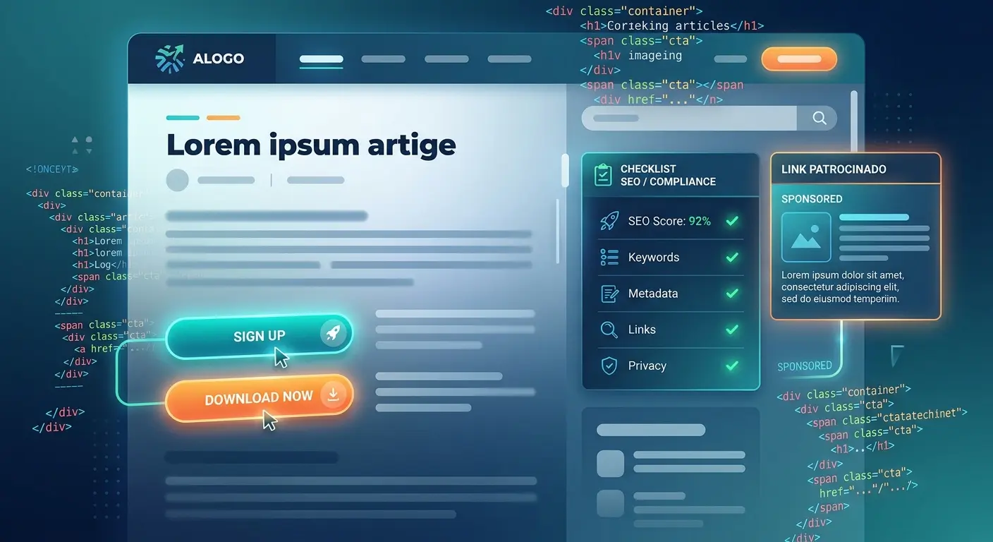 Ilustração de uma interface de desenvolvimento web com código HTML ao fundo e painéis flutuantes mostrando opções de SEO, links patrocinados e botões de ação.