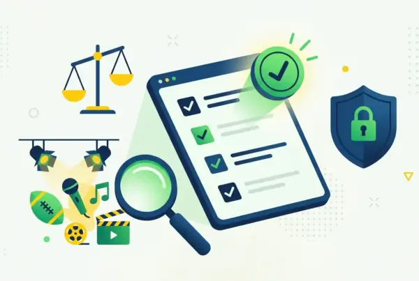 Ilustração mostrando um tablet com uma lista de verificação, uma lupa, um escudo com cadeado, uma balança da justiça e ícones de entretenimento.