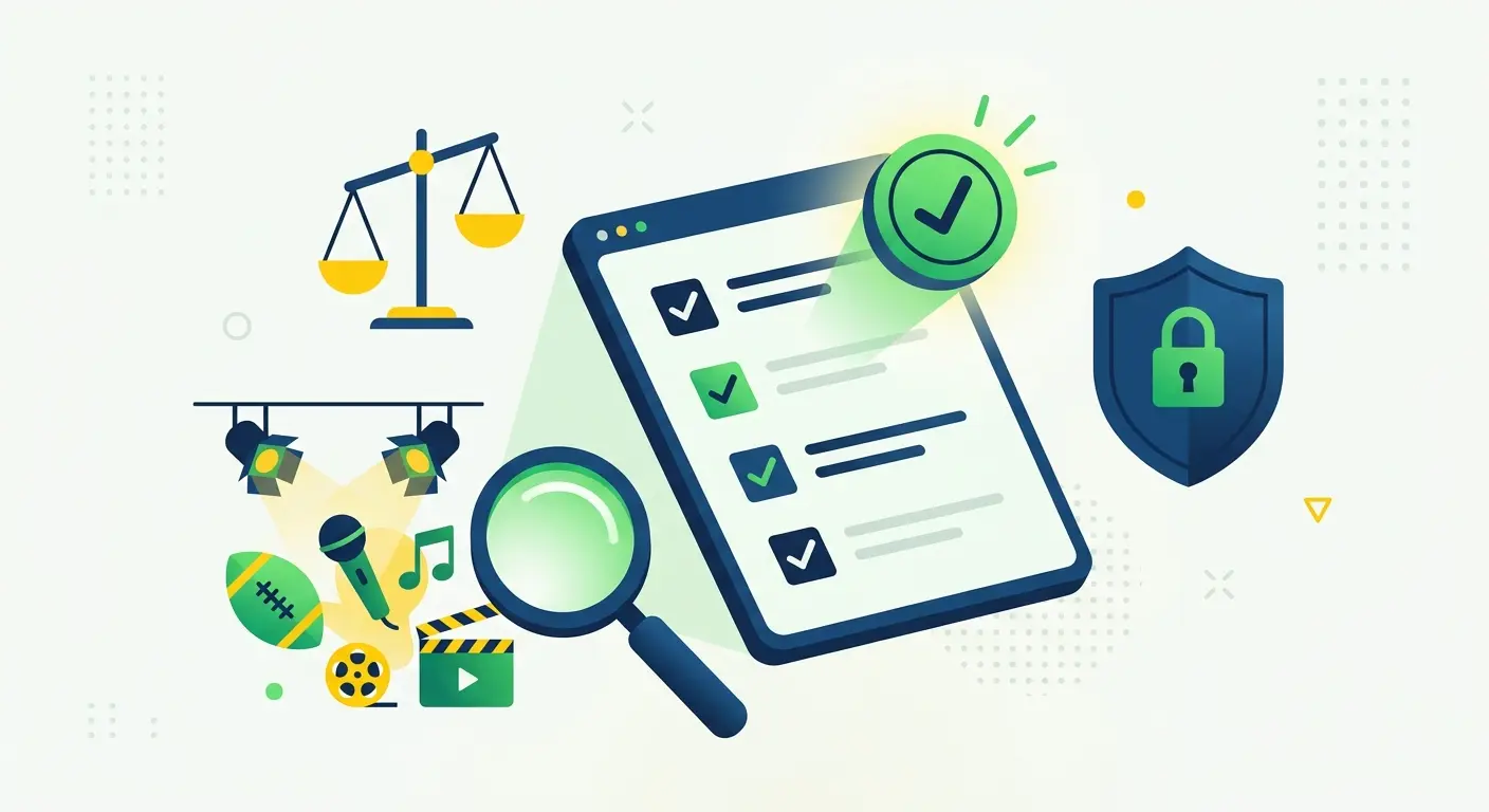 Ilustração mostrando um tablet com uma lista de verificação, uma lupa, um escudo com cadeado, uma balança da justiça e ícones de entretenimento.