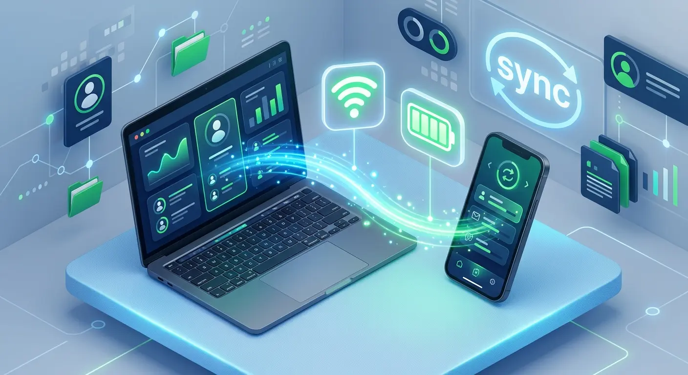Ilustração 3D mostrando um laptop e um smartphone conectados por um feixe de luz brilhante, representando a sincronização de dados, com ícones de Wi-Fi…
