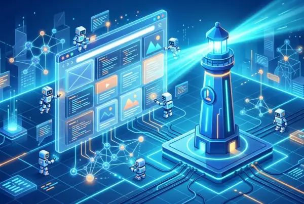 Ilustração digital mostrando pequenos robôs trabalhando em uma interface de usuário flutuante, iluminada por um farol cibernético em um ambiente de rede azul.
