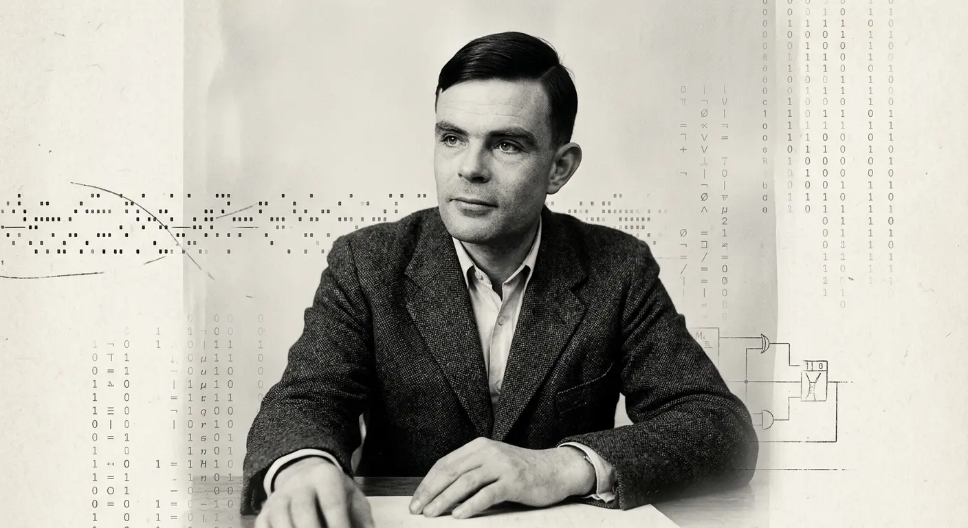 Retrato em preto e branco de Alan Turing, com códigos e diagramas ao fundo.
