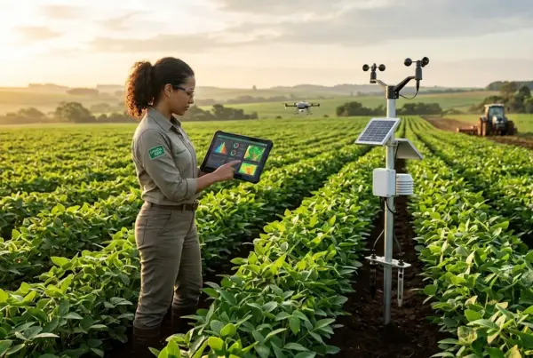 Mulher em uma plantação segurando um tablet com gráficos, ao lado de uma pequena estação meteorológica movida a energia solar. Ao fundo, um drone voa e um…