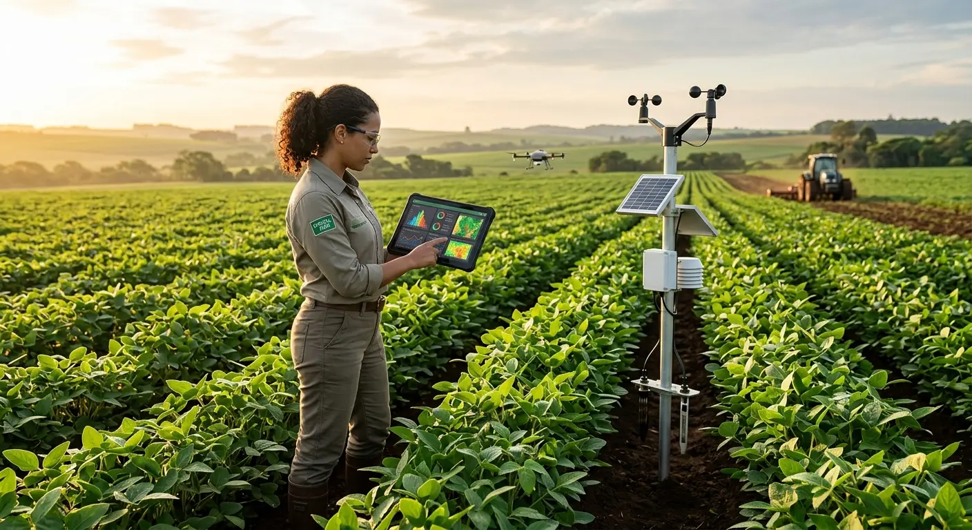 Mulher em uma plantação segurando um tablet com gráficos, ao lado de uma pequena estação meteorológica movida a energia solar. Ao fundo, um drone voa e um…
