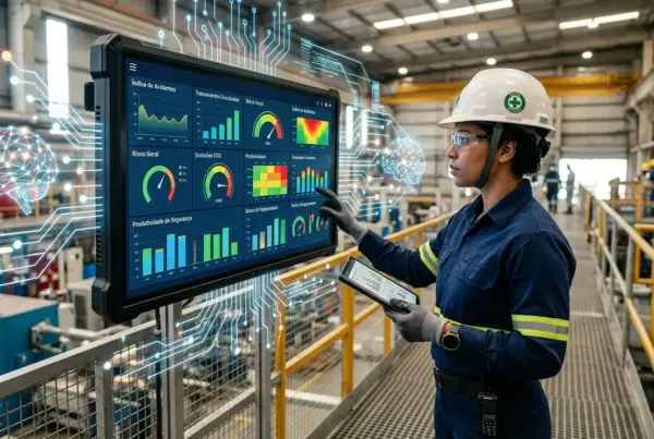 Mulher com capacete e óculos de proteção usando um grande painel digital interativo com gráficos e dados em um ambiente industrial.