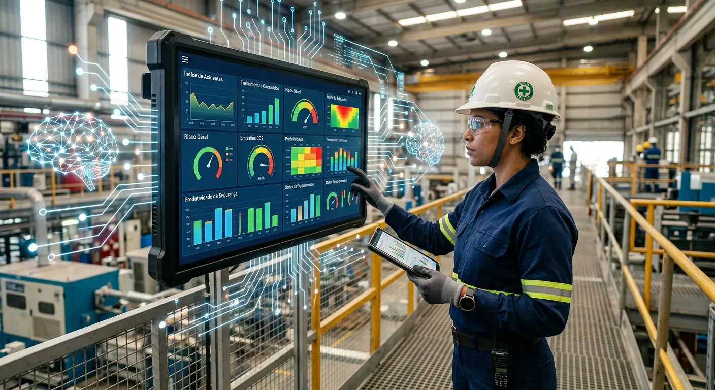 Mulher com capacete e óculos de proteção usando um grande painel digital interativo com gráficos e dados em um ambiente industrial.