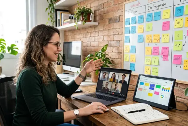 Mulher sorridente participando de uma videochamada em seu laptop, com um quadro branco cheio de post-its coloridos ao fundo.