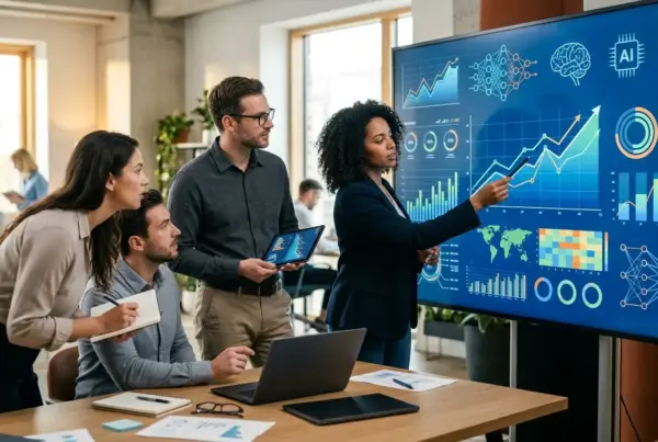 Quatro profissionais em um escritório moderno observando gráficos e dados de inteligência artificial em uma grande tela digital.