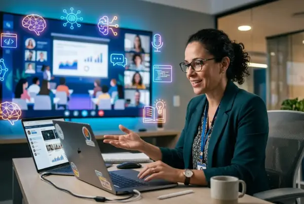 Mulher sorridente usando laptop em escritório, com tela grande mostrando videoconferência e ícones neon flutuantes de cérebro, código e microfone.