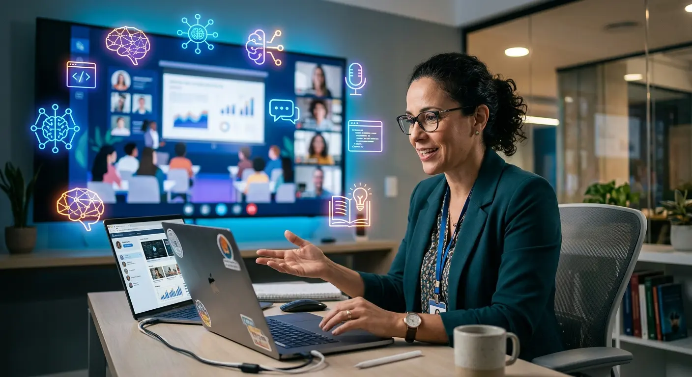 Mulher sorridente usando laptop em escritório, com tela grande mostrando videoconferência e ícones neon flutuantes de cérebro, código e microfone.