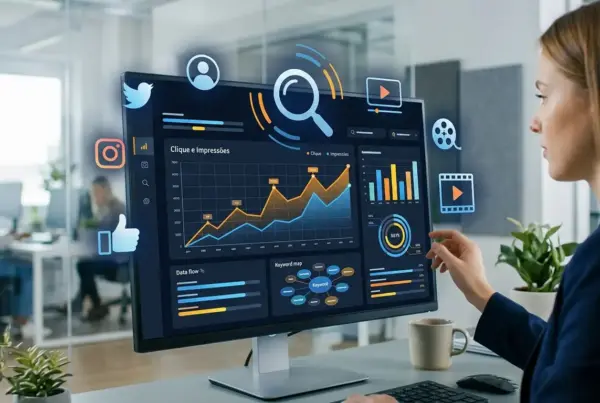 Mulher em escritório observando um monitor com gráficos e ícones flutuantes de redes sociais e análise de dados.