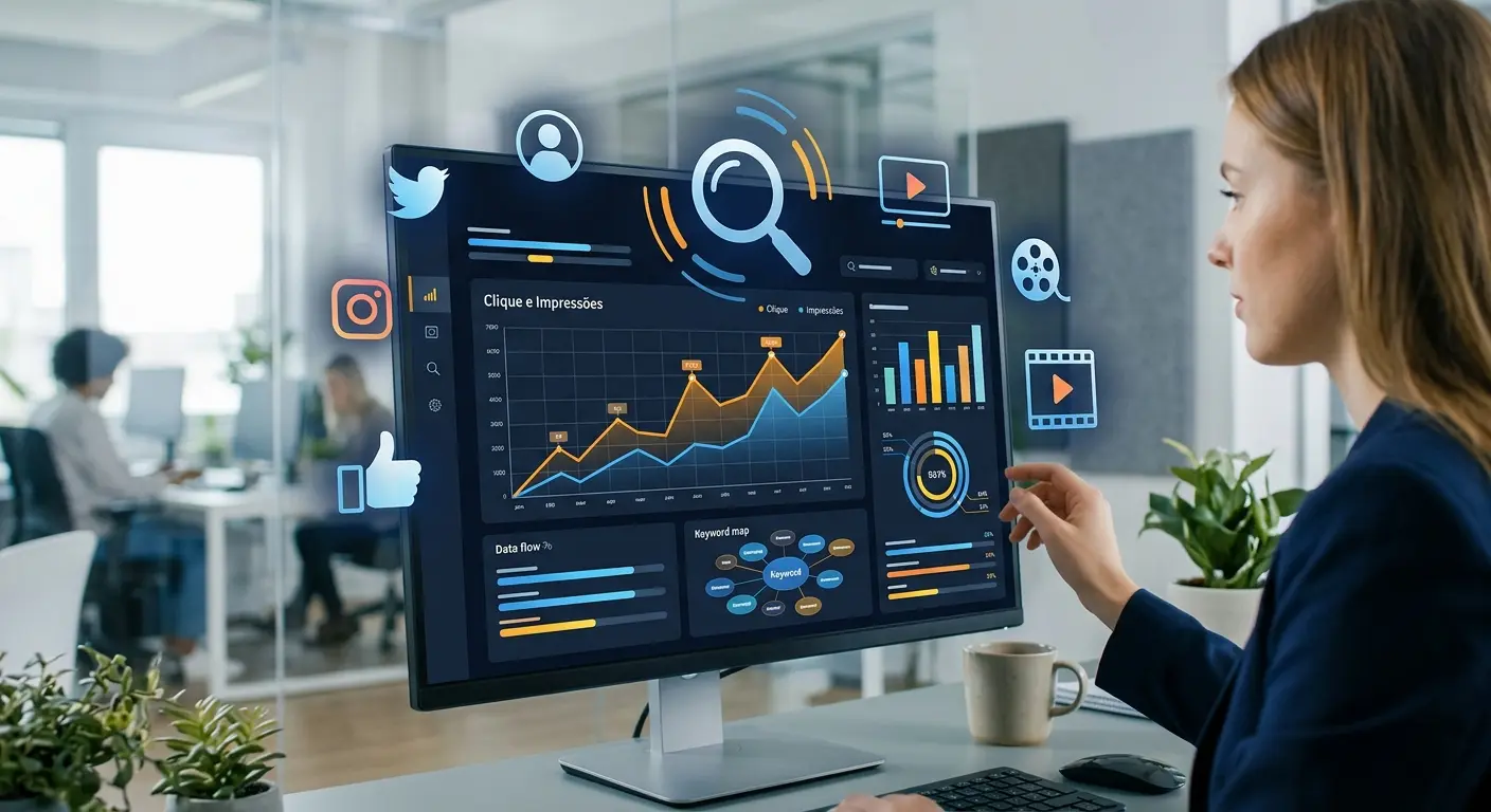 Mulher em escritório observando um monitor com gráficos e ícones flutuantes de redes sociais e análise de dados.