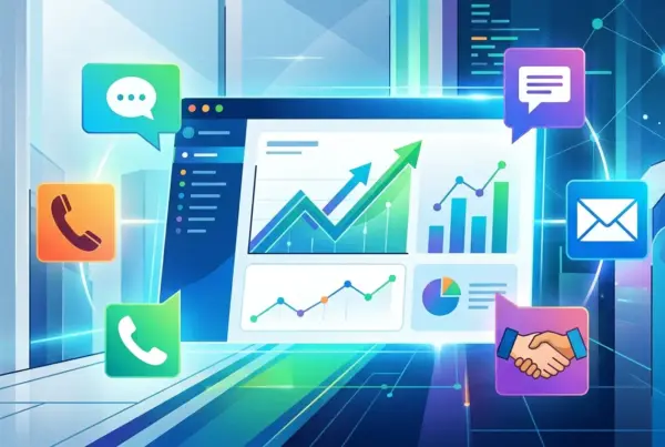 Ilustração digital mostrando um painel com gráficos de crescimento, cercado por ícones de comunicação como telefone, e-mail, mensagens e aperto de mãos.