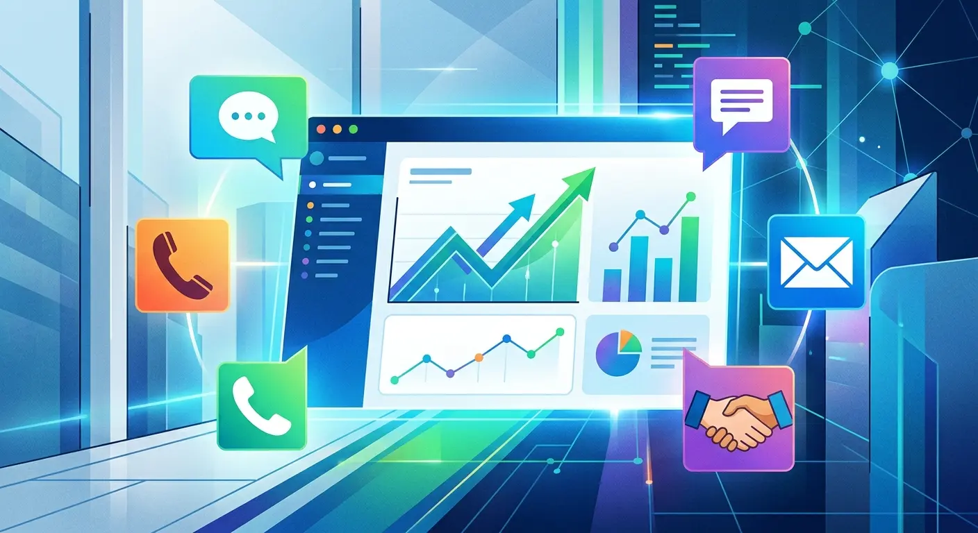 Ilustração digital mostrando um painel com gráficos de crescimento, cercado por ícones de comunicação como telefone, e-mail, mensagens e aperto de mãos.