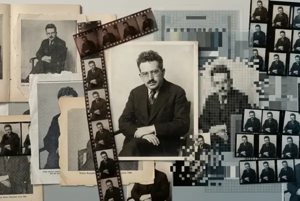 Colagem com várias fotos em preto e branco de Walter Benjamin, incluindo tiras de filme, fotos impressas e imagens pixeladas.