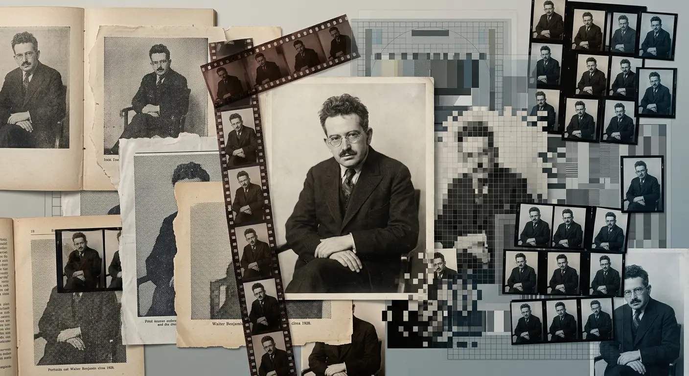 Colagem com várias fotos em preto e branco de Walter Benjamin, incluindo tiras de filme, fotos impressas e imagens pixeladas.