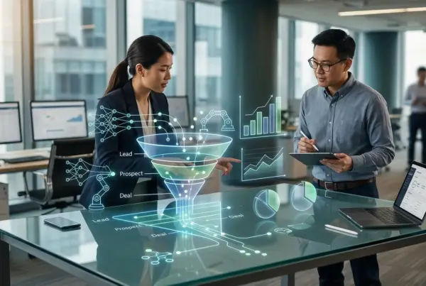 Dois profissionais em um escritório moderno analisando dados através de um holograma interativo de funil de vendas sobre uma mesa de vidro.